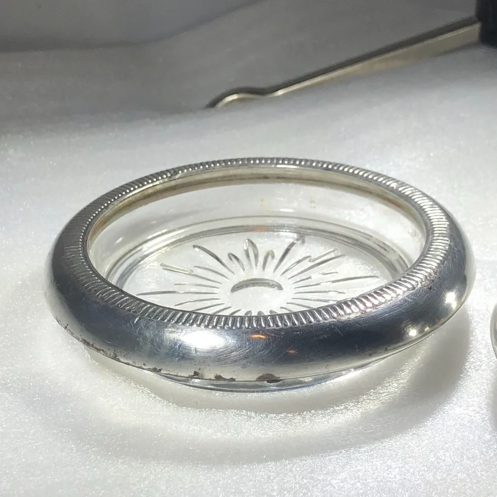 VINTAGE CROWN STERLING & CRYSTAL SUNBURST COASTERS OR ASHTRAYS - SET OF 2